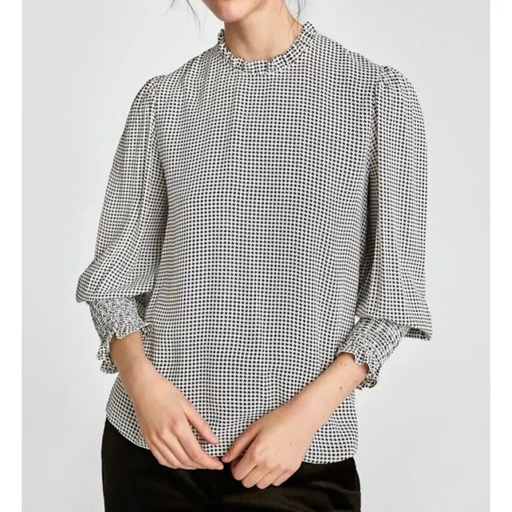 Zara black and white gingham high neck ruffled sleeve blouse m
